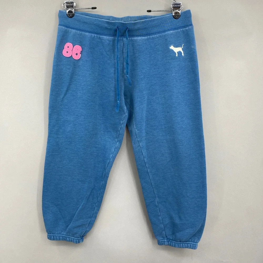 Victoria's Secret PINK Sweatpants Womens Large Blue Cropped Jogger Y2K 86 Logo
